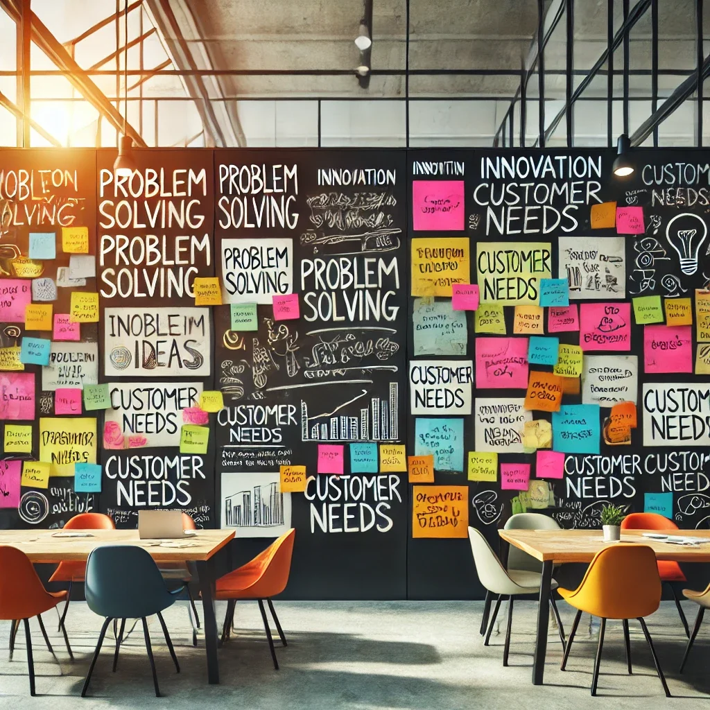A brainstorming session with colorful sticky notes on a wall, featuring handwritten ideas like 'Problem Solving,' 'Innovation,' and 'Customer Needs.' The modern workspace setting conveys creativity and teamwork.