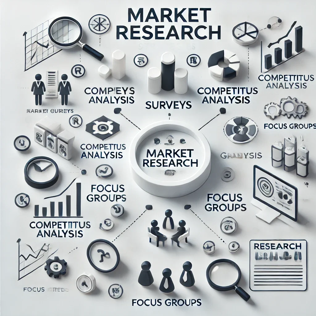 A modern chart showcasing market research strategies, including categories like 'Surveys,' 'Competitor Analysis,' 'Focus Groups,' and 'Online Trends.' The professional design features icons and a clean white background for clarity.