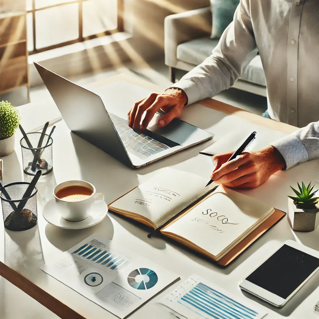 A bright and motivational image of a person working on a business plan at a modern desk. The workspace includes a laptop, notepad with notes, coffee cup, and small plant decor, symbolizing productivity and determination.”