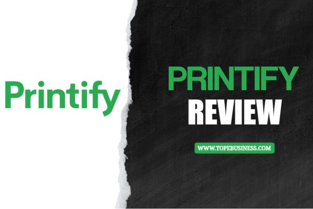 a black and white background with green text Printify Review
