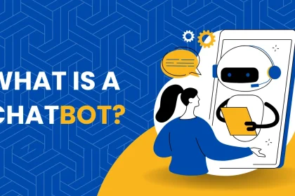 a woman holding a robot chatbot illustration