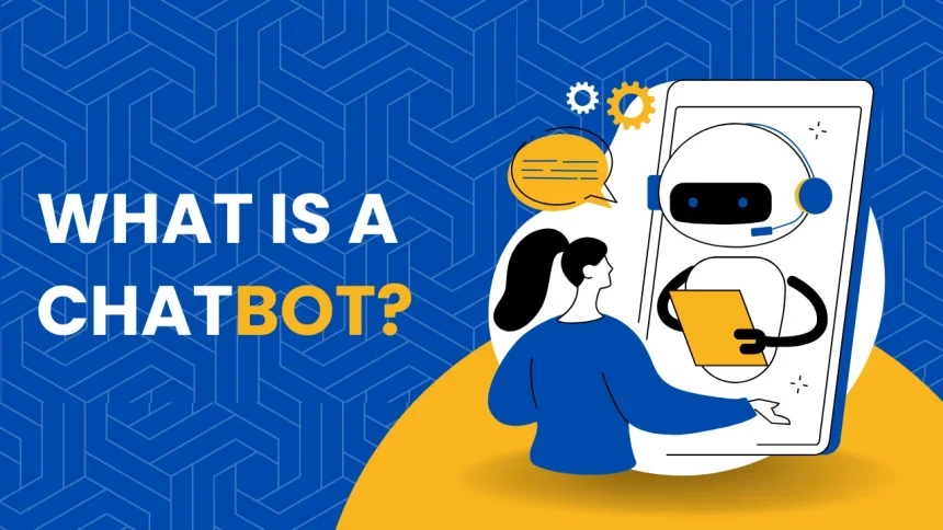 a woman holding a robot chatbot illustration
