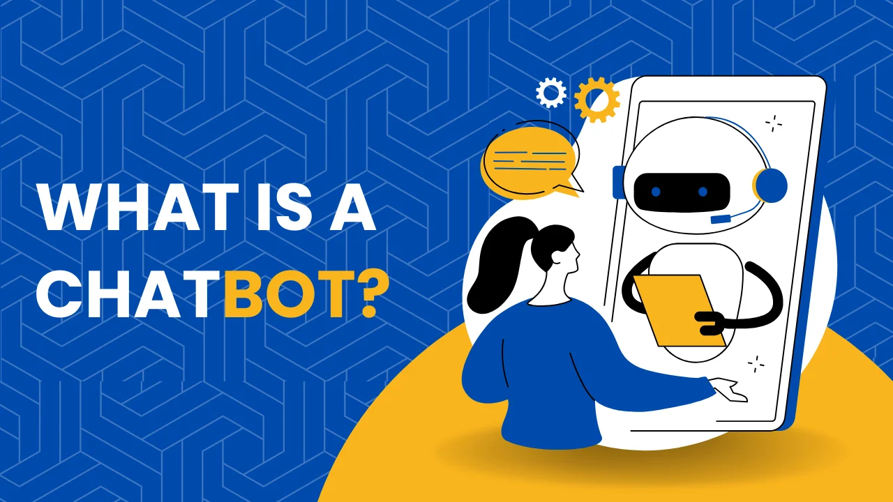 a woman holding a robot chatbot illustration